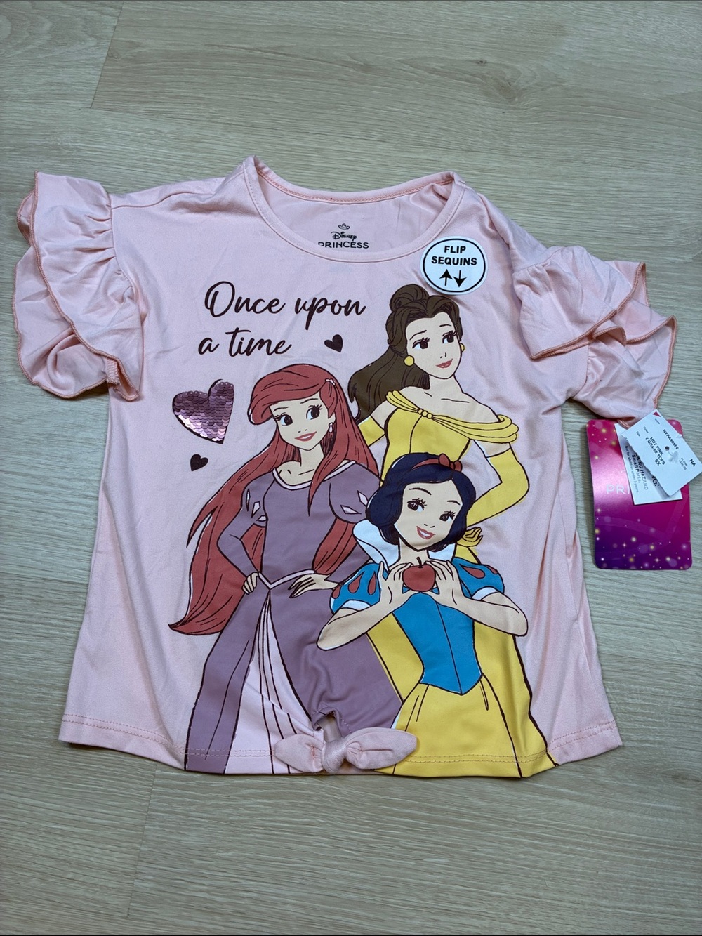 NEW Disney Pink Princess Ruffle Sleeve Tee with Ariel Belle Snow White